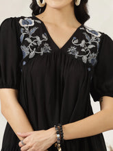 Women's Black Solid & Embroidered Rayon Flared Dress-DRSBLACKLIMBO